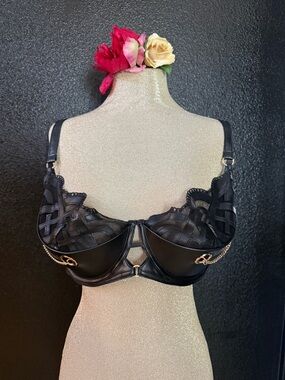 Honey Birdette Black Lace & Satin Underwire Bra with Gold Chain Accents